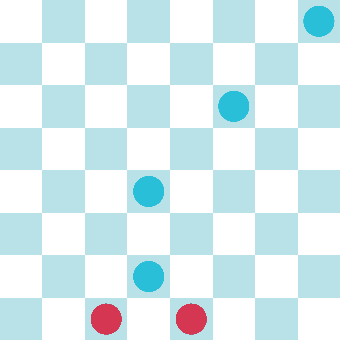 A red chip captures a blue chip, then another blue chip captures that red chip.