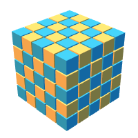 A cube grid regularly colored with 2 colors.
