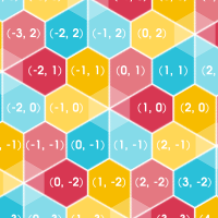 A hexagon grid superimposed on a floret pentagon grid, with pentagons colored regularly with six colors.