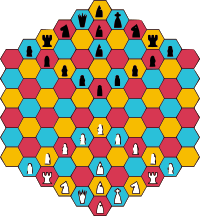 A hexagonal chessboard with three colors so that neighboring cells have different colors.