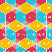 A hexagon grid superimposed on a rhomb grid, with rhombs colored regularly with three colors.