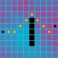 The image shows a grid of squares in which a pattern of orthogonal and diagonal dots can be seen following a path through an obstacle.