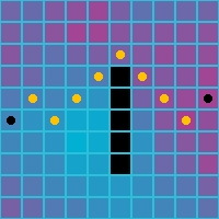 The image shows a grid of squares in which a pattern of diagonal dots can be seen following a path through an obstacle.