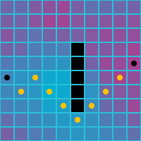 The image shows a grid of squares in which a pattern of diagonal dots can be seen following a weighted path through an obstacle.