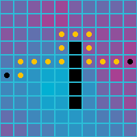 The image shows a grid of squares in which you can see a pattern of orthogonal dots following a path through an obstacle.