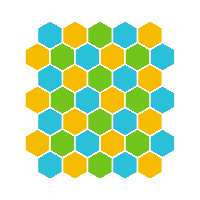 A fat rectangle made up of hexagons of different colours in a pattern.