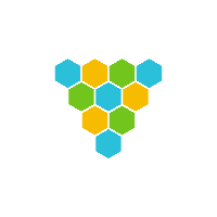 A downward pointing triangle made up of different coloured hexagons in a pattern.