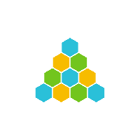 An upward pointing triangle made up of hexagons of different colours in a pattern.