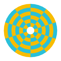 A polar shape made up of patterns of blue and yellow rectangles.