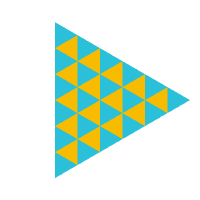 A downward-pointing triangle made up of a pattern of blue and yellow triangles.