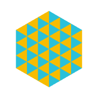 A hexagon made up of a pattern of blue and yellow triangles.