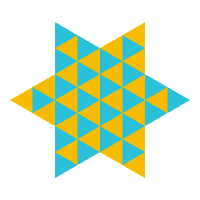 A star made up of a pattern of blue and yellow triangles.